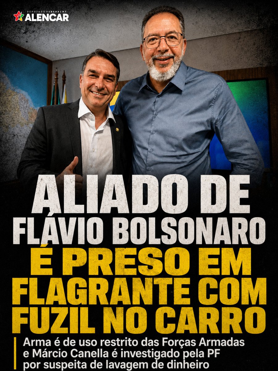 AlencarBraga13's tweet photo. Aliado de Flávio Bolsonaro no Rio de Janeiro - Márcio Canella, pré-candidato ao Senado com apoio da família Bolsonaro - foi preso em flagrante com fuzil no carro.

A arma é de uso restrito das Forças Armadas e Canello é investigado por suspeitas de lavagem de dinheiro pela Polícia Federal.