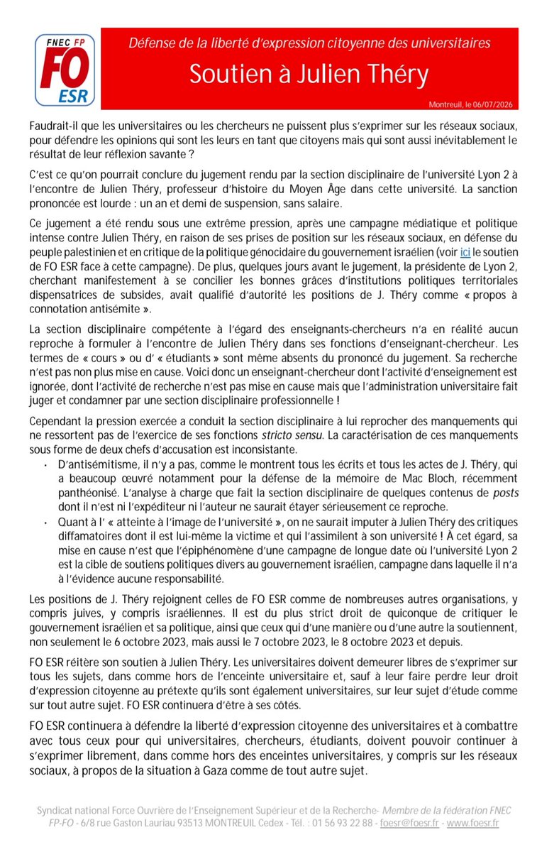fo_esr's tweet photo. Soutien à Julien Théry 
Défense de la liberté d’expression.  Universitaires, chercheurs, étudiants, doivent pouvoir s’exprimer librement, dans comme hors des enceintes universitaires, y compris sur les réseaux sociaux, à propos de la situation à Gaza comme de tout autre sujet. https://t.co/o7movCrMyF