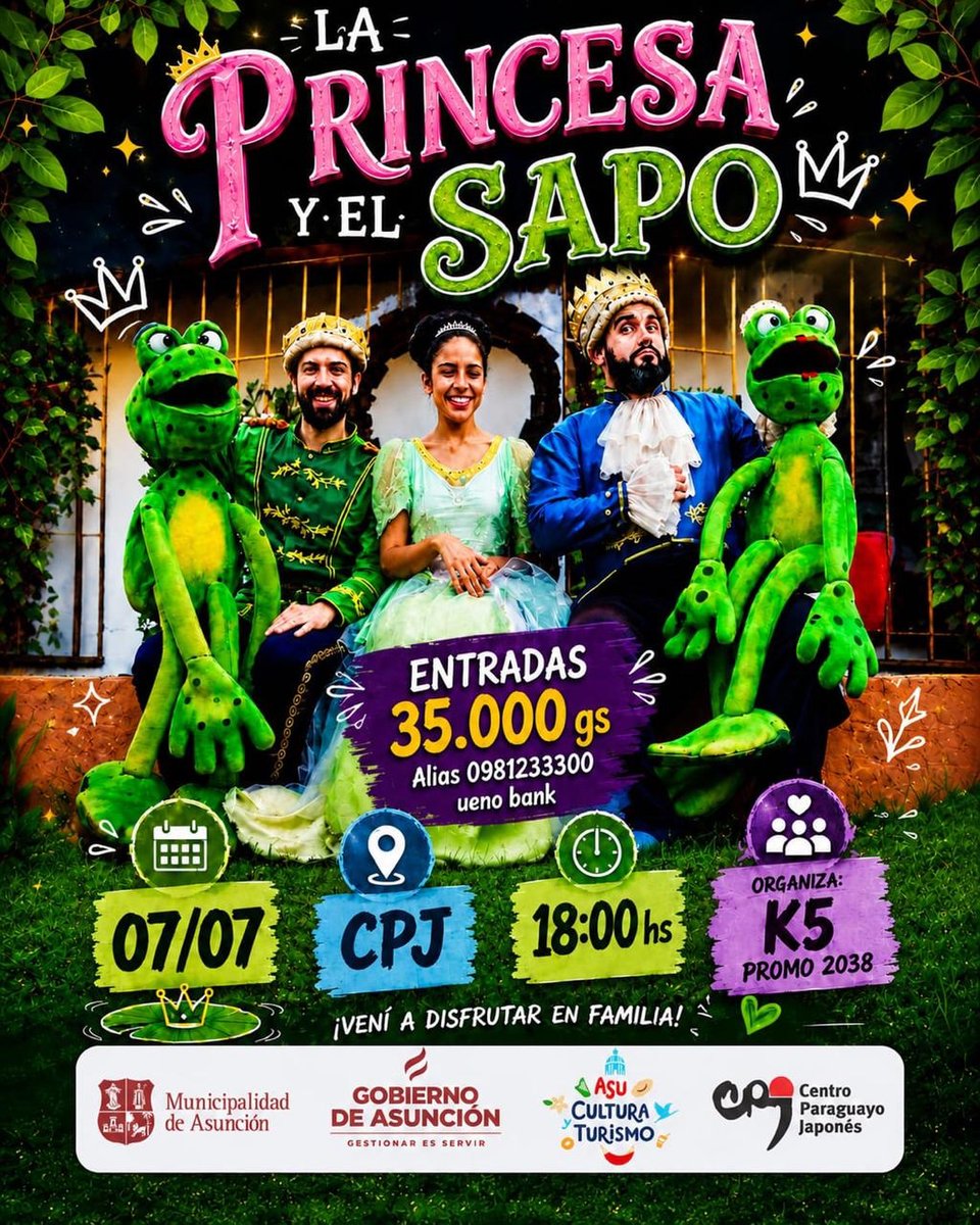 951fm_nacional's tweet photo. 🐸👑 Llega La Princesa y el Sapo llega al CPJ

Una historia llena de magia, diversión y fantasía para disfrutar en familia ✨

📅 Fecha: 07/07
⏰ Hora: 18:00 hs
📍 Lugar: @CPJ_Asu 
🎟️ Entradas: Gs. 35.000

Organiza: K5 – Promo 2038 del Colegio del Sol https://t.co/Rx8JiyEpxr