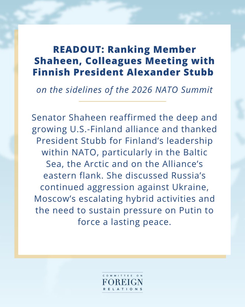 SFRCdems's tweet photo. Today, @SenatorShaheen met with Finnish President @alexstubb during the #NATOSummit. They discussed ongoing efforts to support Ukraine and bolster Allied capabilities in the Baltic sea and on the Eastern flank. 
 
🔗 Readout: https://t.co/BZoppfSBKK https://t.co/9ghTUxOmx7