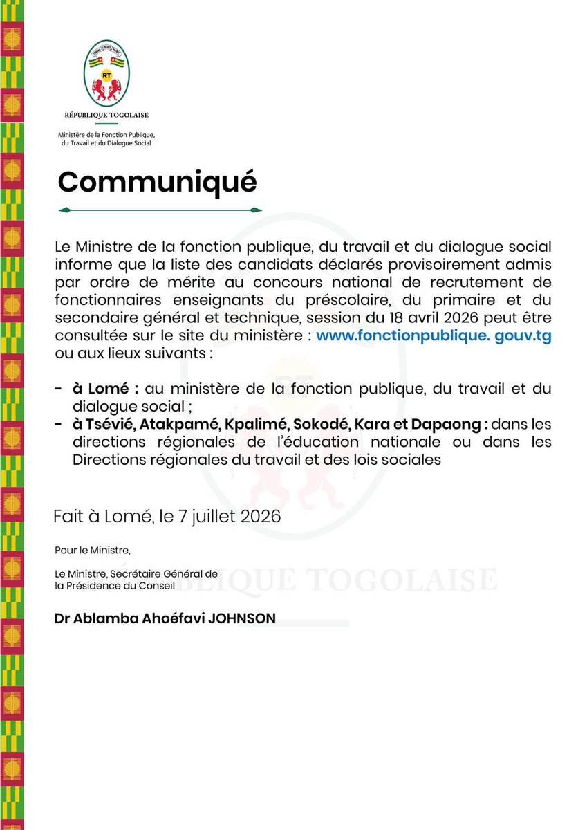 GouvTg's tweet photo. Les résultats provisoires du concours national de recrutement des fonctionnaires enseignants (session du 18 avril 2026) sont disponibles.

Les détails dans le communiqué ci-dessous. ⬇️ https://t.co/92uutJ4Lrx