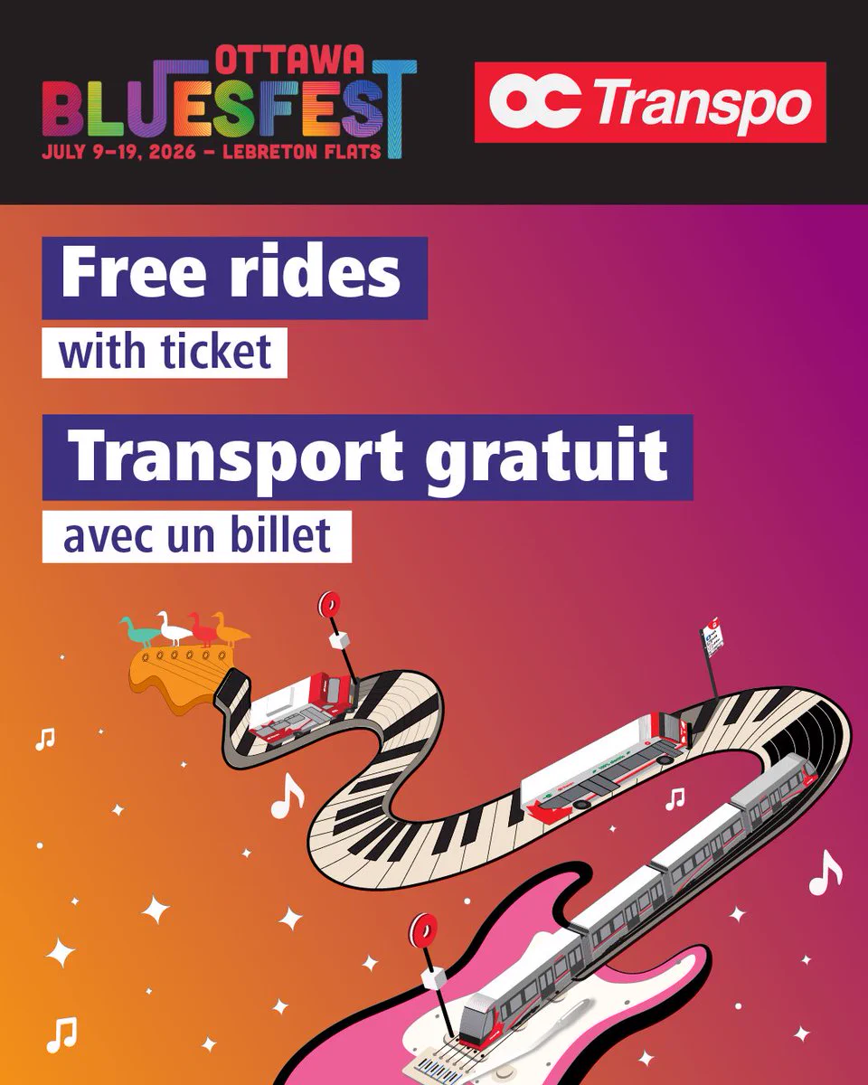 Ottawa Bluesfest graphic featuring OC Transpo buses, guitar, Canadian Geese surrounded by music notes!