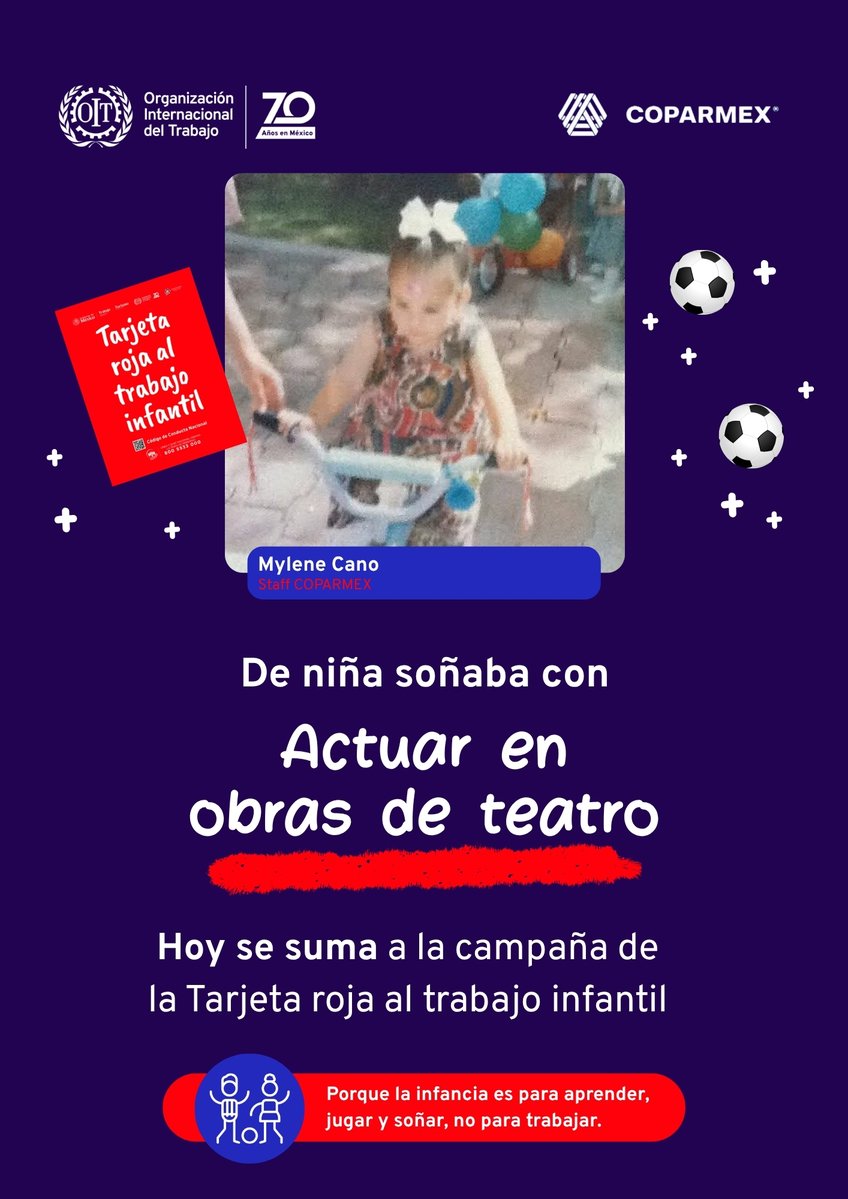 Coparmex's tweet photo. 👦👧 En COPARMEX creemos que toda niña y todo niño merece una infancia plena. Por eso nos sumamos a la campaña #TarjetaRojaAlTrabajoInfantil, impulsada por la @OITMexico.

🎭 Conoce a Mylene Cano, integrante del equipo de COPARMEX, quien de niña soñaba con actuar en obras de teatro.

#FinAlTrabajoInfantil #EndChildLabour