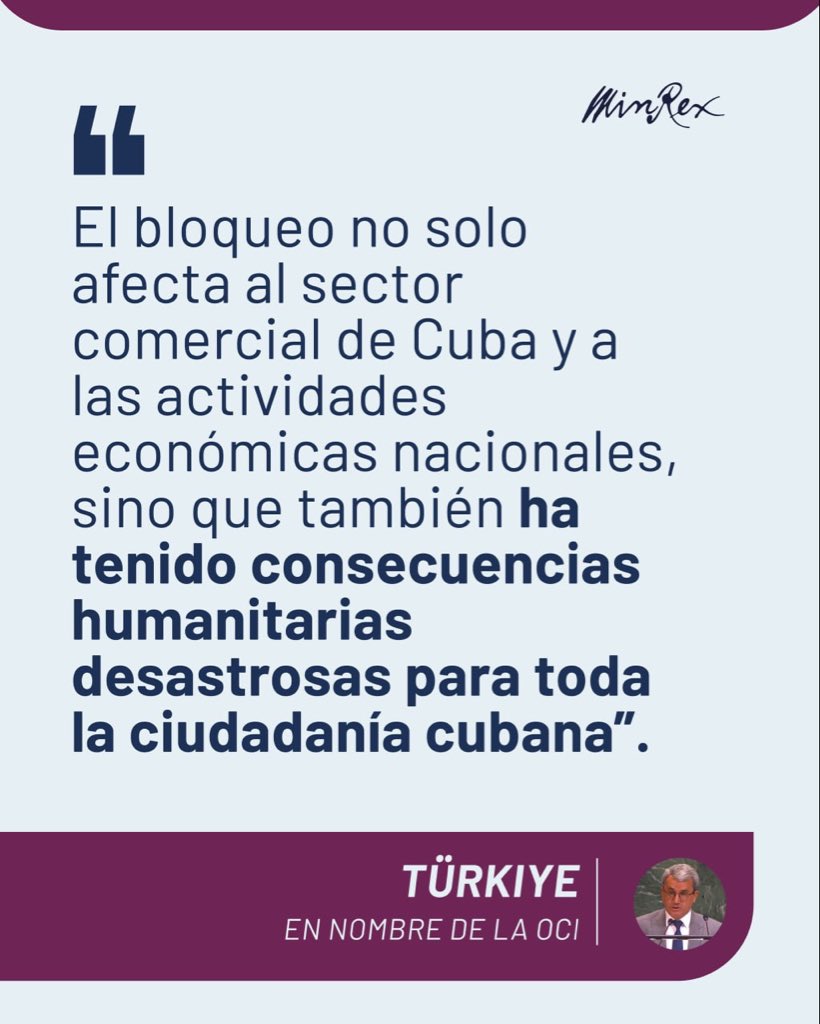AnayansiRCamejo's tweet photo. Türkiye 🇹🇷, en representación de la Organización para la Cooperación Islámica: “el bloqueo no solo afecta el sector comercial de Cuba y a las actividades económicas nacionales, sino que también ha tenido consecuencias humanitarias desastrosas para toda la ciudadanía cubana”. https://t.co/Dn8jkhkWbV