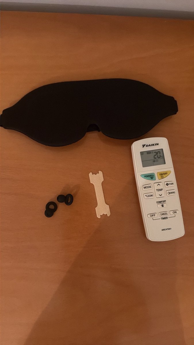 listenprofessor's tweet photo. Following @levelsio advice to fix years of 5hr crappy sleep. Bought an eye mask because I have a window with blackout blinds but light still escapes. Earplugs because the bus stops close to my house in the morning. Nose strip because I read it helps (?) and AC at 20C. Let’s see https://t.co/rrZpJIVnj4