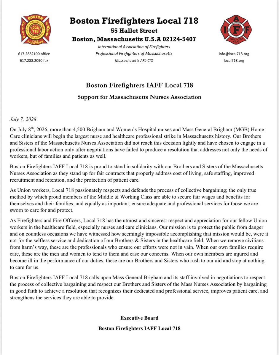 President_L718's tweet photo. Boston Firefighters Local 718 stands shoulder to shoulder with our Brothers &amp; Sisters of the Massachusetts Nurses Association @MassNurses https://t.co/ugRvmtyJNZ