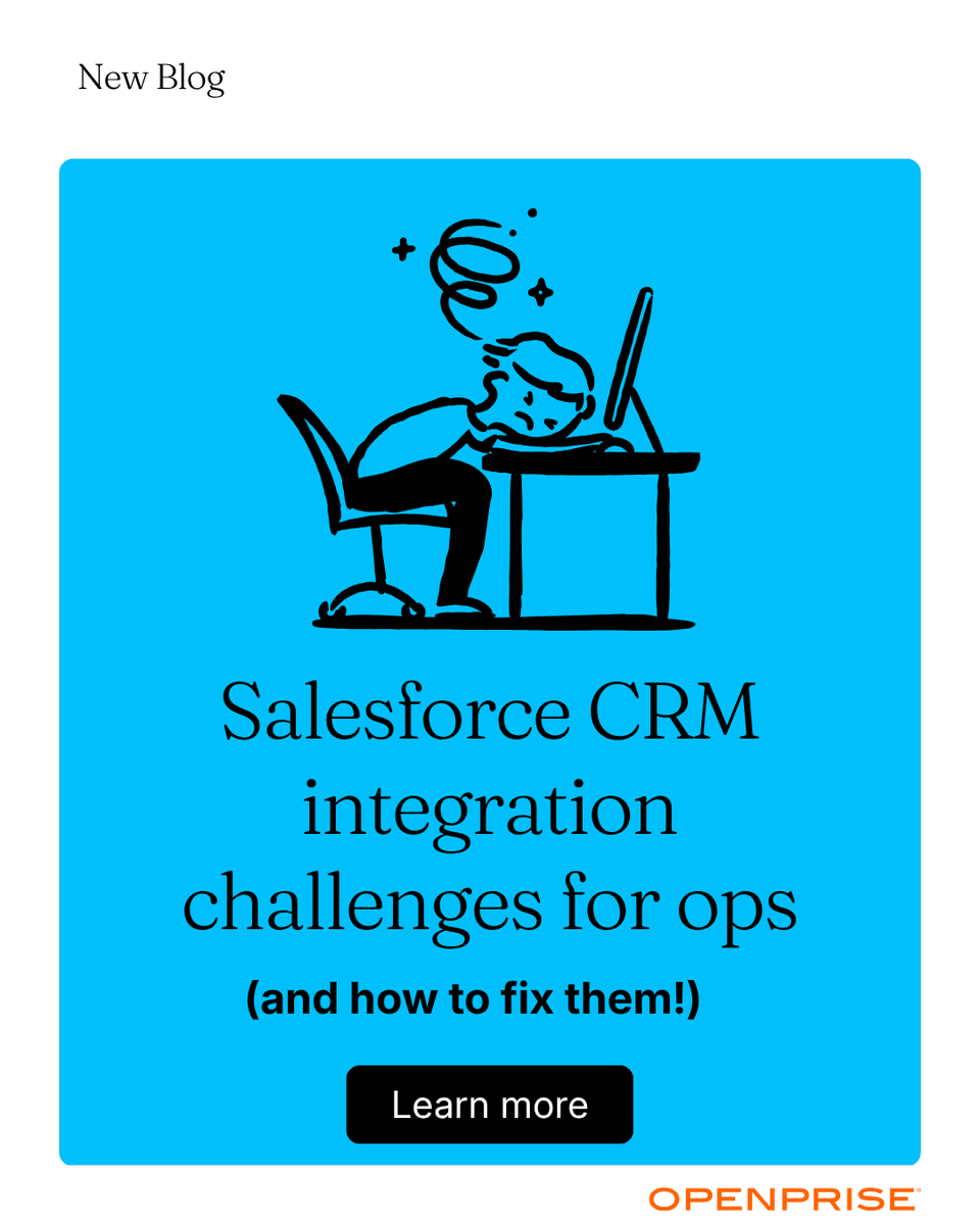 OpenpriseTech's tweet photo. Your Salesforce integration looks fine. Connector's running. Data's moving.

Then someone asks why routing broke, or why a report has gaps that weren't there last week.

That's the failure mode nobody sees coming. We broke down why → https://t.co/T4VTda8oxU
#RevOps #MarketingOps https://t.co/aGFOKZRnuh