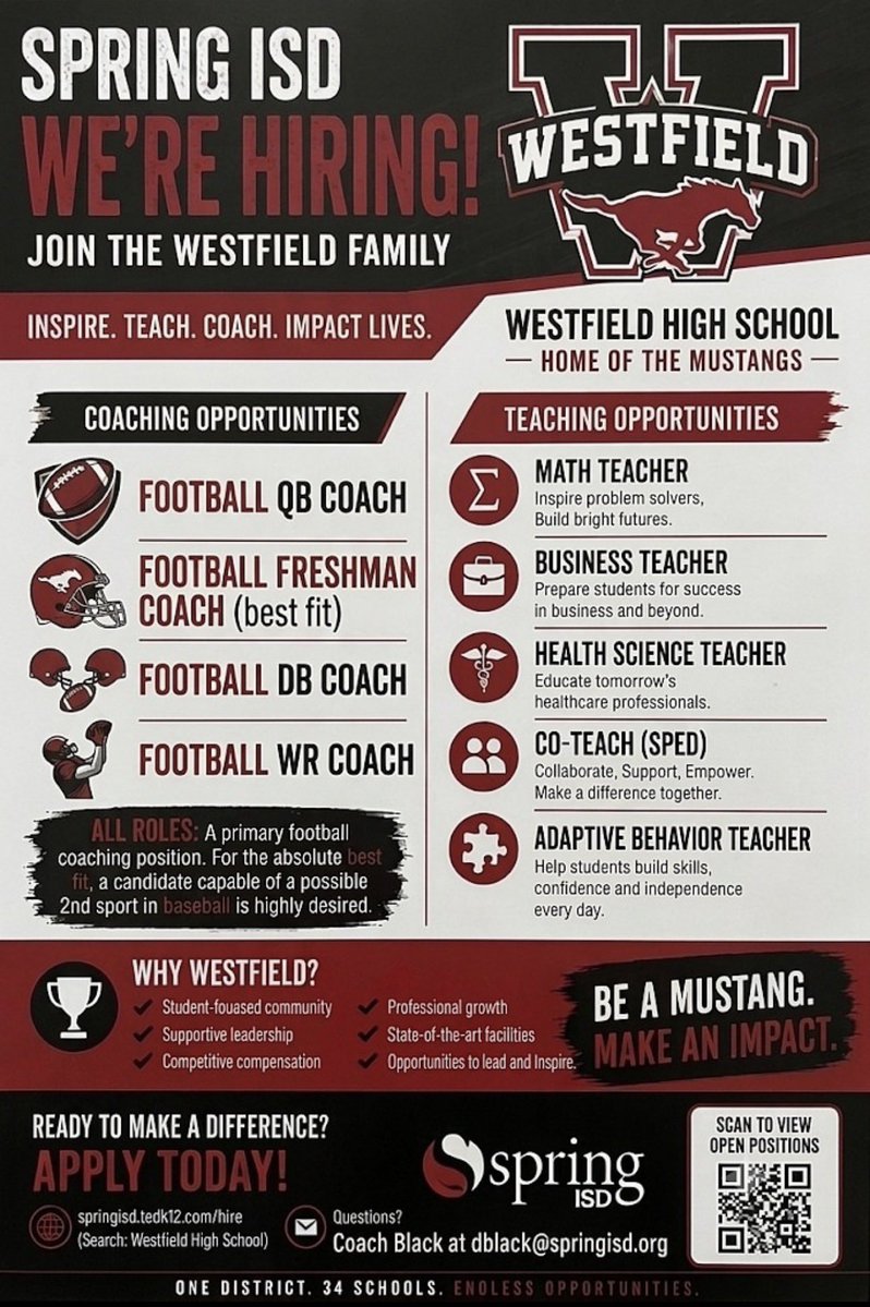 fb_westfield's tweet photo. We’re Hiring!! 

Looking for great leaders in the classroom and on the field!! https://t.co/trT6sRp5cq
