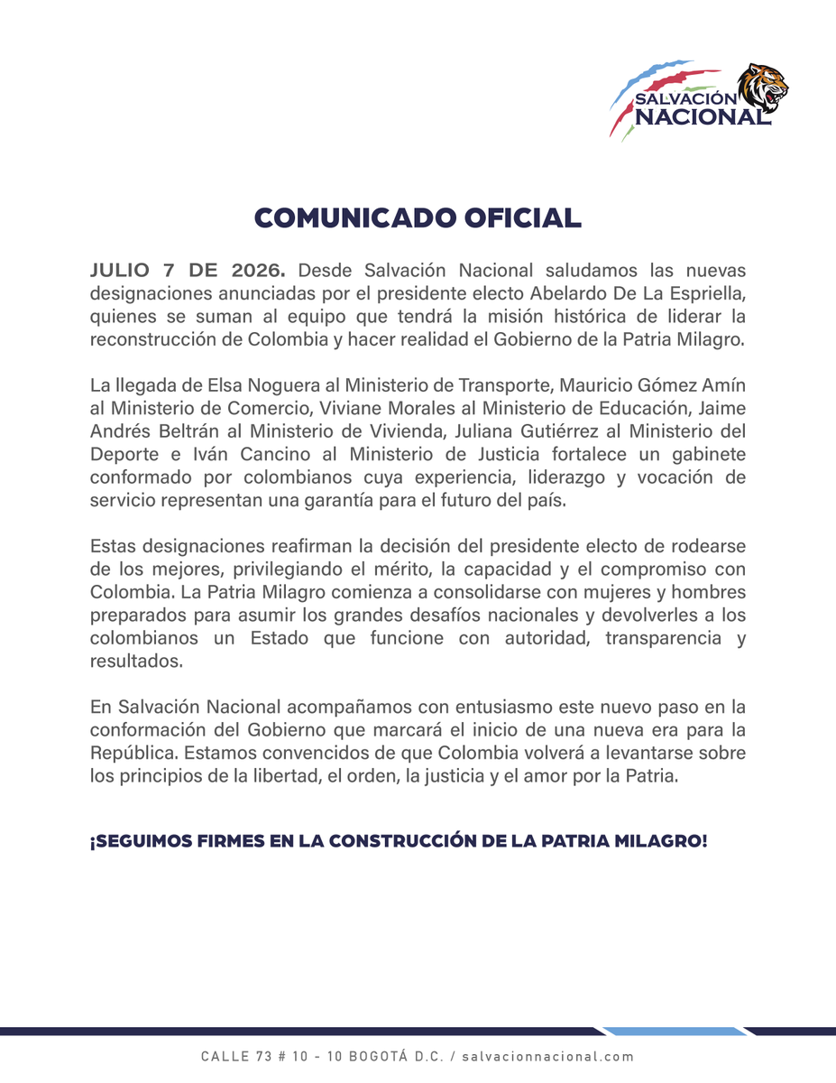 MovSalvacionNal's tweet photo. Desde Salvación Nacional saludamos las seis nuevas designaciones ministeriales anunciadas por el presidente electo Abelardo De La Espriella. Un gabinete que privilegia la experiencia y el compromiso con Colombia 🇨🇴 https://t.co/RCVzUY7F9X
