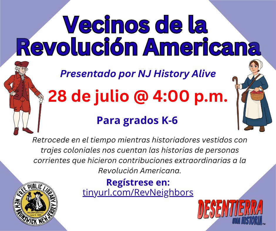 NBFPLNJ's tweet photo. TUESDAY, JULY 28 @ 4PM: Everyday people from the colonial era are visiting the library and sharing their stories. 

MARTES, 28 DE JULIO @ 4PM: Gente común de la época colonial visitará la biblioteca para compartir sus historias. https://t.co/joi9mko59n