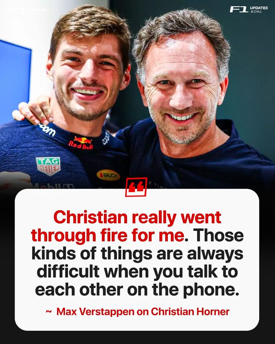 MV33Racing's tweet photo. Max Verstappen has once again confirmed that he still speaks to Christian Horner almost every week.

🗣️“I speak to Christian almost every week. I saw him on the camera walking around [Silverstone], but I haven't had time to meet anyone, to be honest. It’s just been busy.”

When asked what they talk about, Max replied:
🗣️“Like you do with your friends, or people that you've known for a long time.”

[RN365]
[📸: F1Updates&Chill]