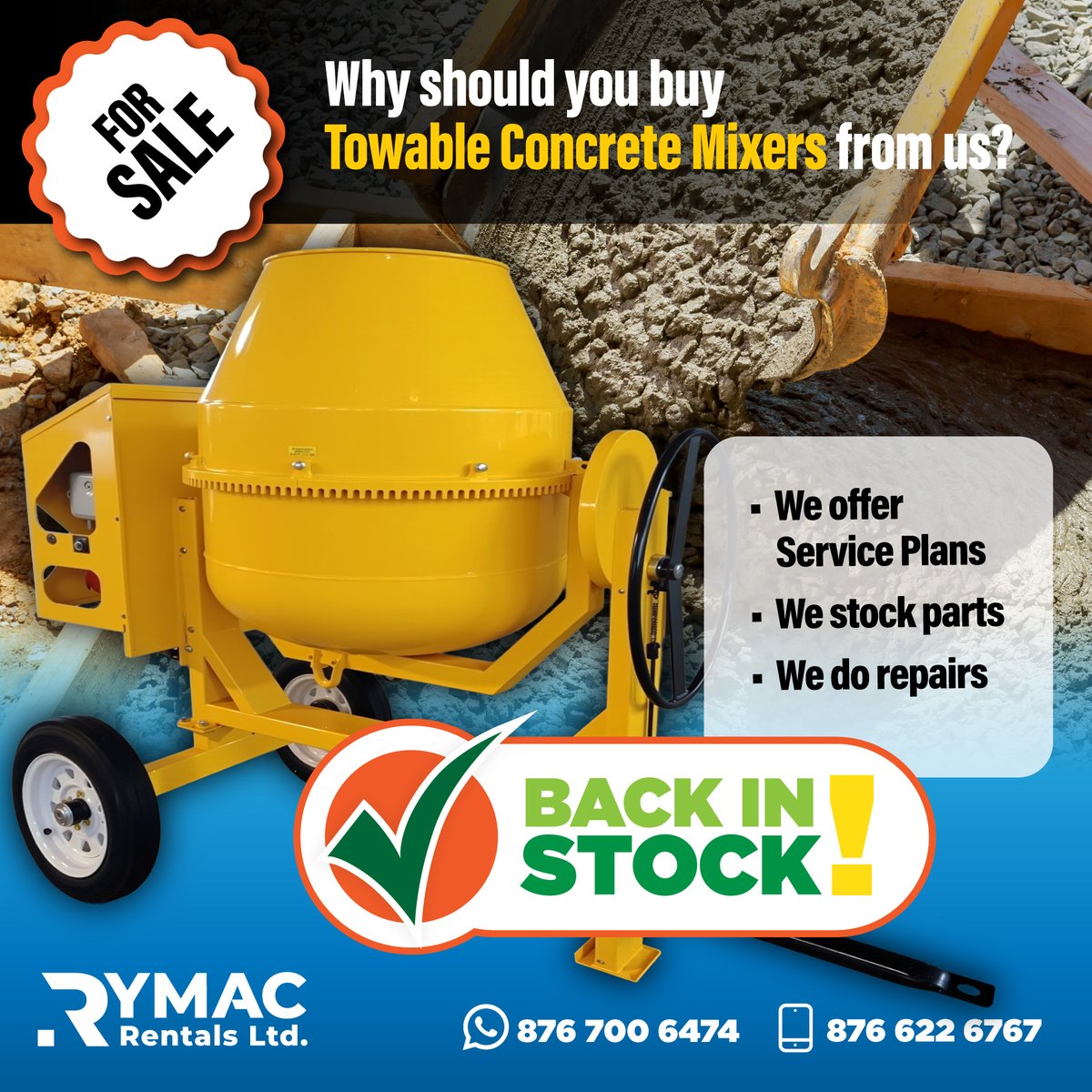 RymacRentals's tweet photo. Rymac has our popular Towable Concrete Mixers back in stock! Get yours now, and you also get unbeatable service plans, spare parts, and repair support. Rymac's got your back! https://t.co/0xCPExIrYV