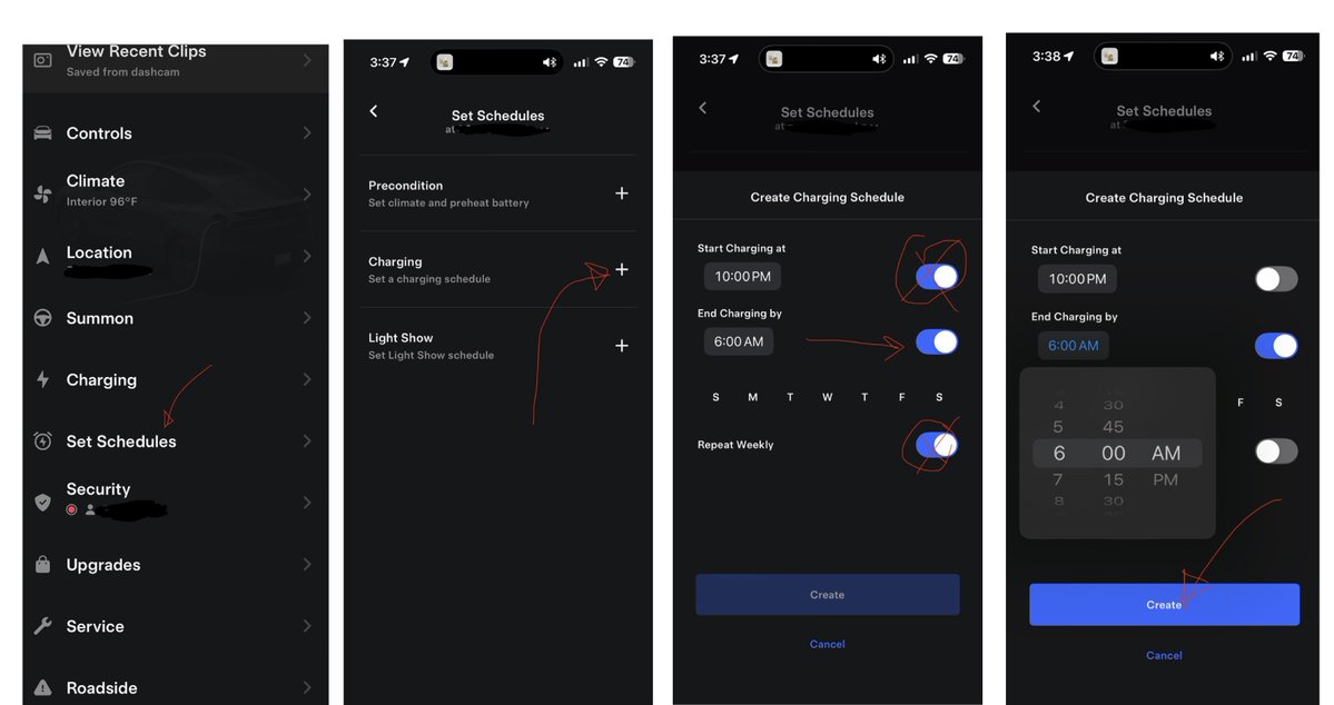 mc_beaux's tweet photo. @LurkerNotHere @JuniperDriver No , toggle that off. Let the system determine its estimated completion time based on your battery state and the charging rate you’ve got set on your home charger.  
I’ll posted what I do in order in screen captures of my Tesla app. https://t.co/ONRqdBApr4