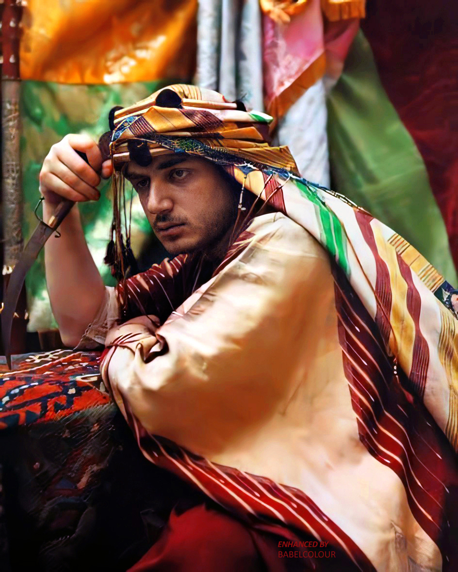 StuartHumphryes's tweet photo. To compliment the beautiful Autochrome I shared ealier today, I thought I'd dust down this old favourite by Jules Gervais-Courtellemont, photographed in the Syrian capital of Damascus 101 years ago. It depicts an Arabian Emir holding his Jambiya amidst swathes of colourful fabrics. It's quite a shot, taken useing an early colour glass-plate process in 1925. It is not colourised..