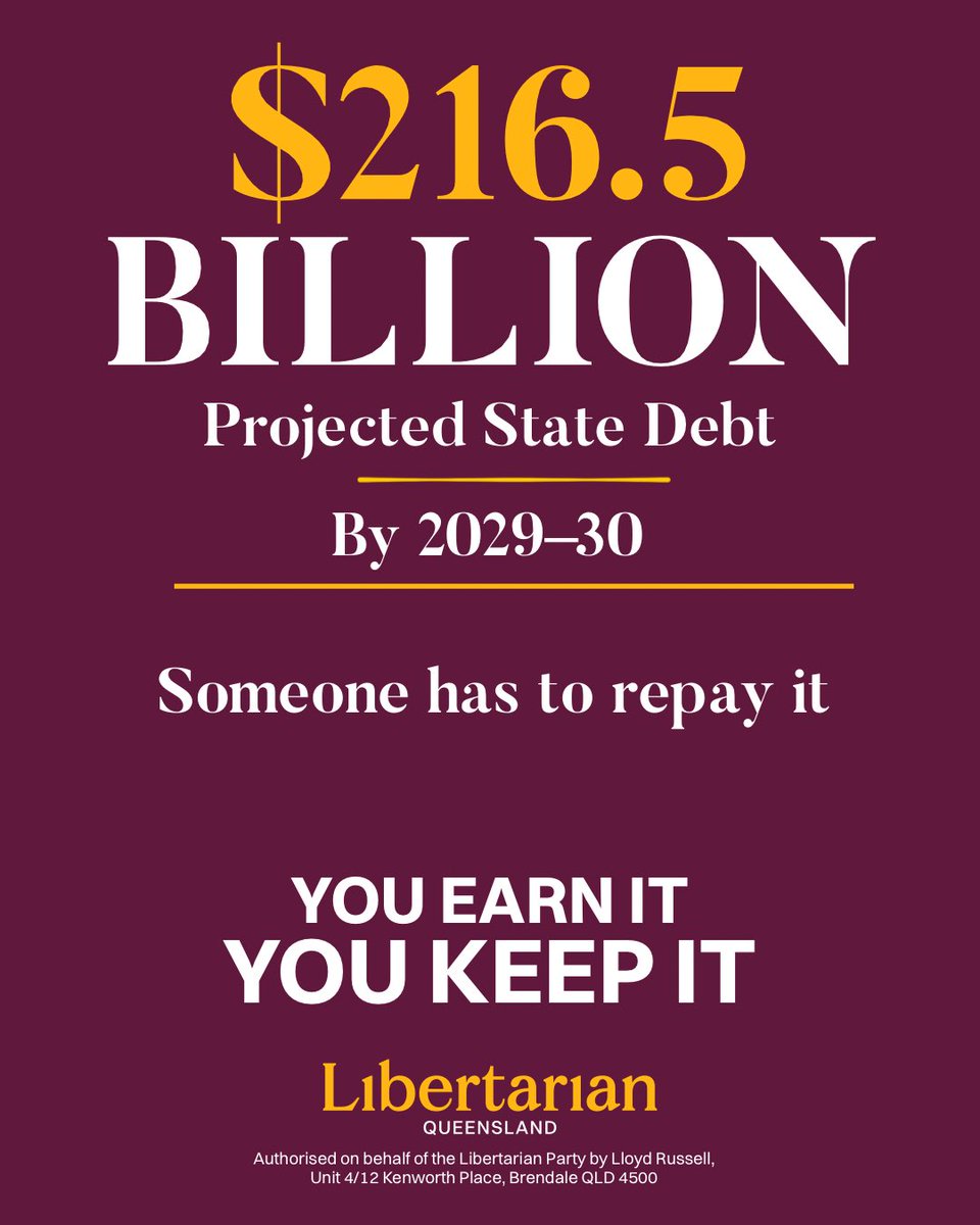 LibertariansQLD's tweet photo. 🔔Queensland’s projected State debt is forecast to reach $216.5 billion by 2029–30.

Borrowing today doesn’t make debt disappear tomorrow. It simply shifts the cost into the future through higher taxes, reduced services or more borrowing.

Queenslanders deserve responsible financial management, lower taxes and a government that lives within its means.

You earn it. You keep it.

Source: Queensland Budget 2026–27, Budget Paper No. 2 – Budget Strategy and Outlook. Queensland Treasury. Projected Non-Financial Public Sector borrowings reach $216.472 billion by 2029–30.  

#LibertarianPartyQLD
https://t.co/iKKDqMFQ3P
@LibertariansAus @_davidlimbrick @Thejimpenman @brobson_politic @LibertariansGaz @CampbellNewman