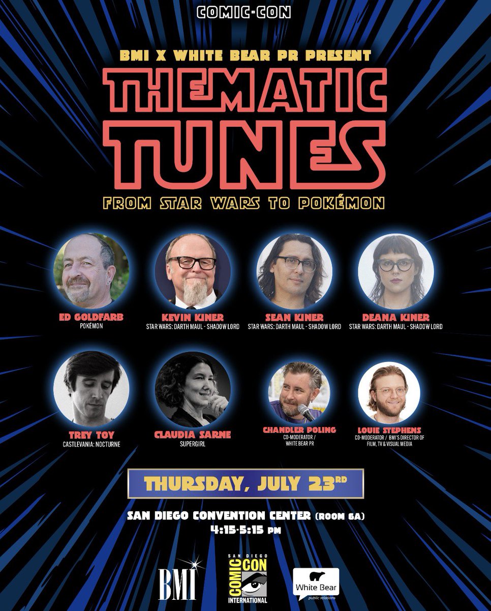 bmi's tweet photo. 🎬🎞#BMIComposers behind iconic characters like #Pikachu and #DarthMaul take the stage at @Comic_Con! Check out our panel "Thematic Tunes:
From Star Wars to Pokémon" on July 23, and hear more about what it takes to score these fan-favorite projects!
#BMIScores🎶🎞 @whitebearpr https://t.co/oZvXGOV0F0