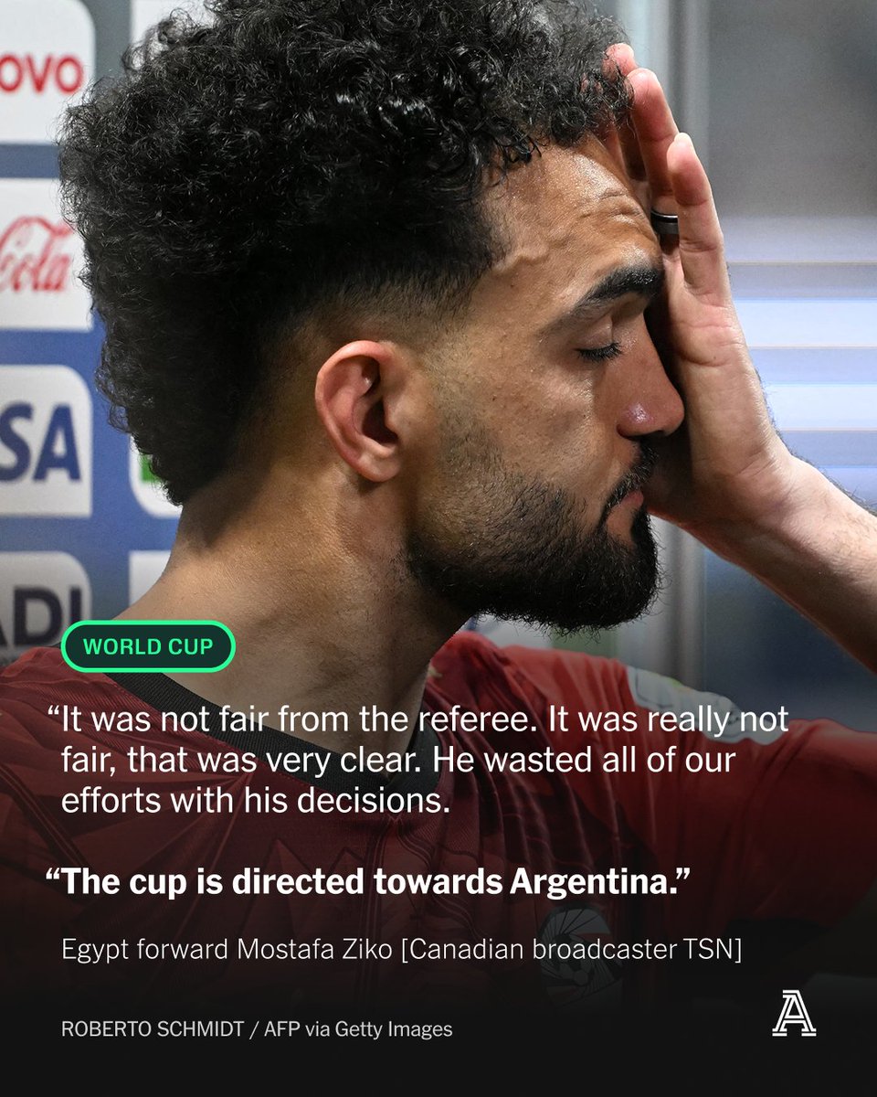 TheAthleticFC's tweet photo. The Egyptian team was left angered by several refereeing decisions as it exited the World Cup, with star forward Mostafa Ziko saying the trophy is “directed towards Argentina” following Tuesday’s 3-2 loss to the reigning champions.

More from @OliverKay ⬇️

https://t.co/sdt1yNJoKx