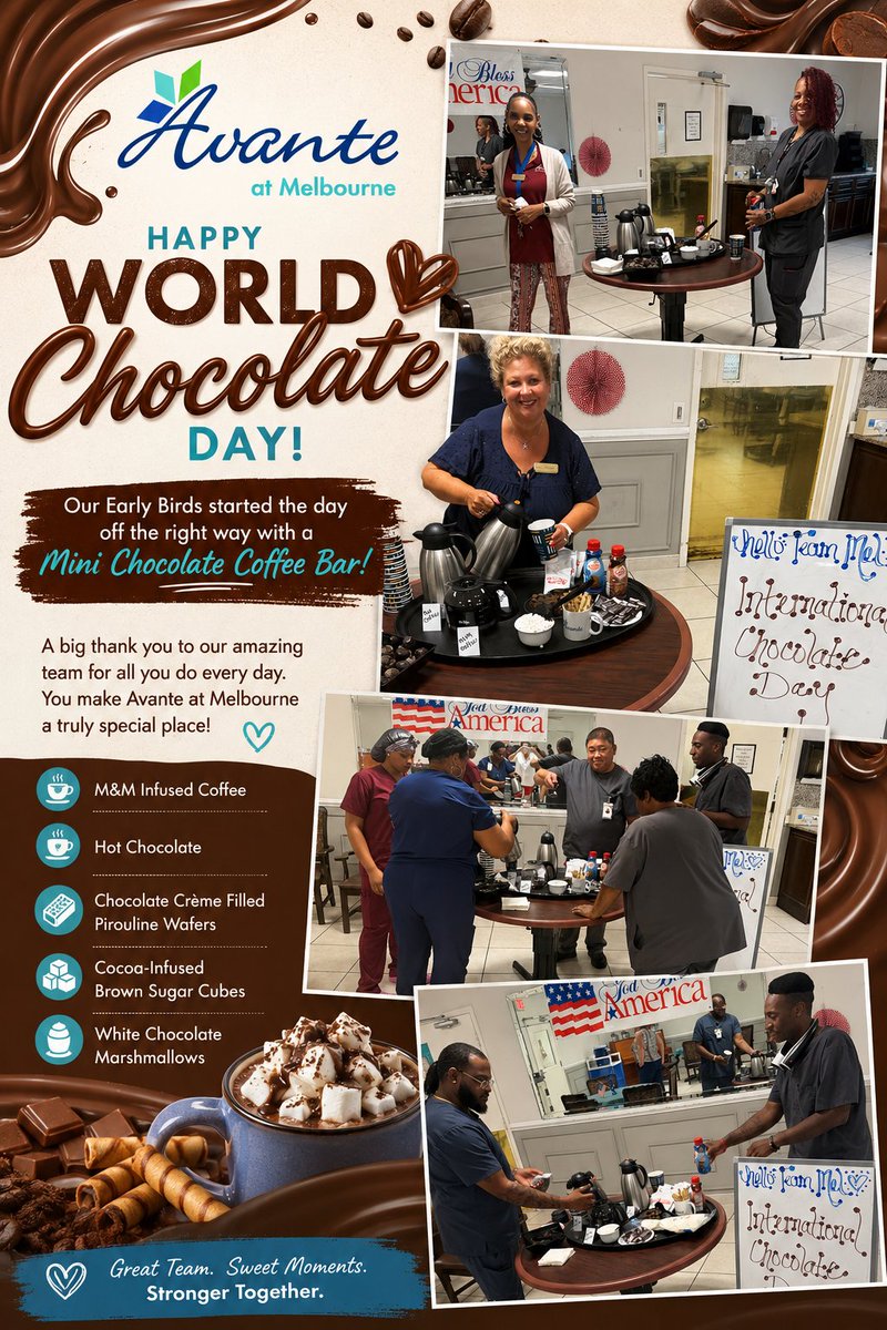 AvanteGroupInc's tweet photo. Happy #WorldChocolateDay! Our Early Birds at Avante at Melbourne celebrated with a Mini Chocolate Coffee Bar featuring M&amp;M-infused coffee, hot chocolate, and plenty of sweet treats. Small moments like these help build a stronger team. 
#EmployeeAppreciation #TeamAvante https://t.co/prJxy7JAde