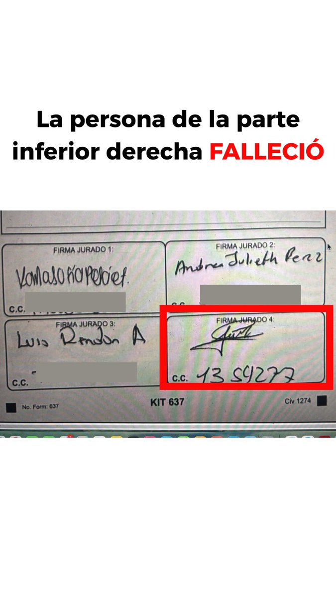 alejoocampog's tweet photo. Este jurado de votación que firma aquí falleció hace 22 años, pero resucitó para la segunda vuelta presidencial en Estados Unidos. esa es la patria milagro los muertos votan y son jurados. Más corrupción en el video ⬇️ #NoPerdimosNosRobaron https://t.co/gzHfHjxagy