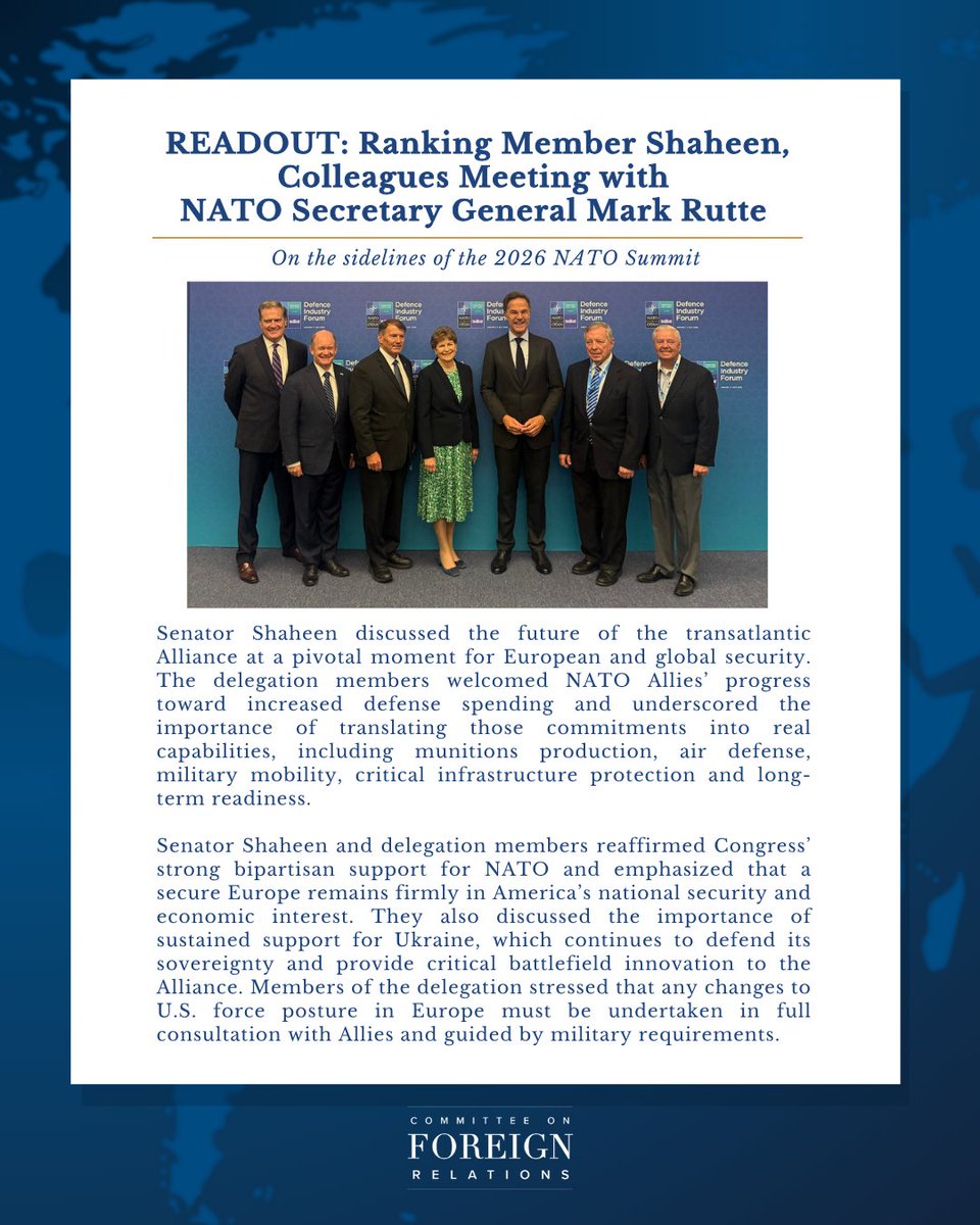 SFRCdems's tweet photo. Today, @SenatorShaheen who is leading a bipartisan, bicameral Congressional delegation to the 2026 #NATOSummit, again spoke with @SecGenNATO Mark Rutte.

See the full readout ⬇️
https://t.co/0ZB1WYFisT https://t.co/TMo8Xxke2w