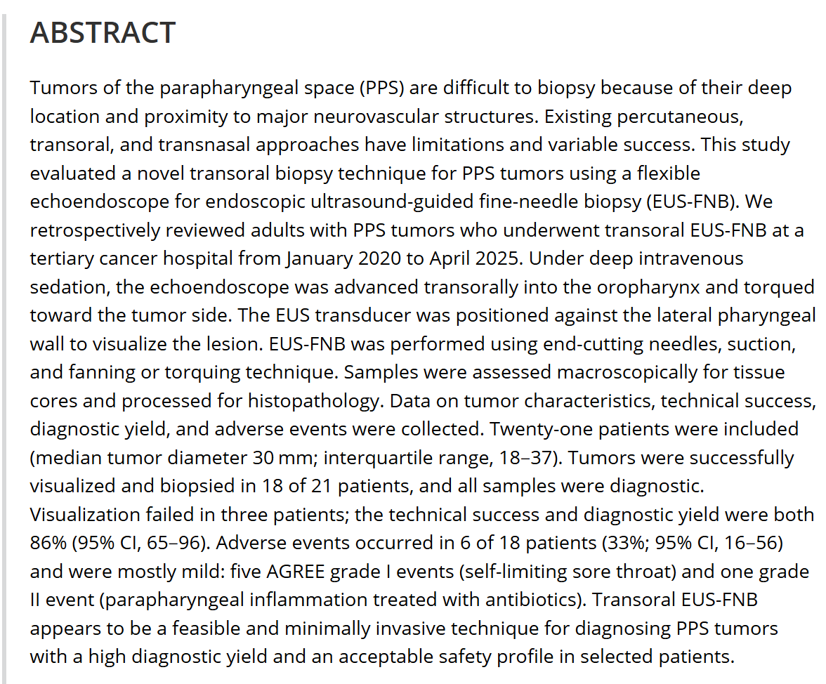 DigEndosc's tweet photo. Editor's Choice - Volume 38, Issue 6
Transoral Endoscopic Ultrasound-Guided Fine-Needle Biopsy of Parapharyngeal Space Tumors: Evaluation of Feasibility, Diagnostic Yield, and Safety (With Video)
https://t.co/91cjlJLJ9o
@WileyHealth https://t.co/5ZUii9uMrH