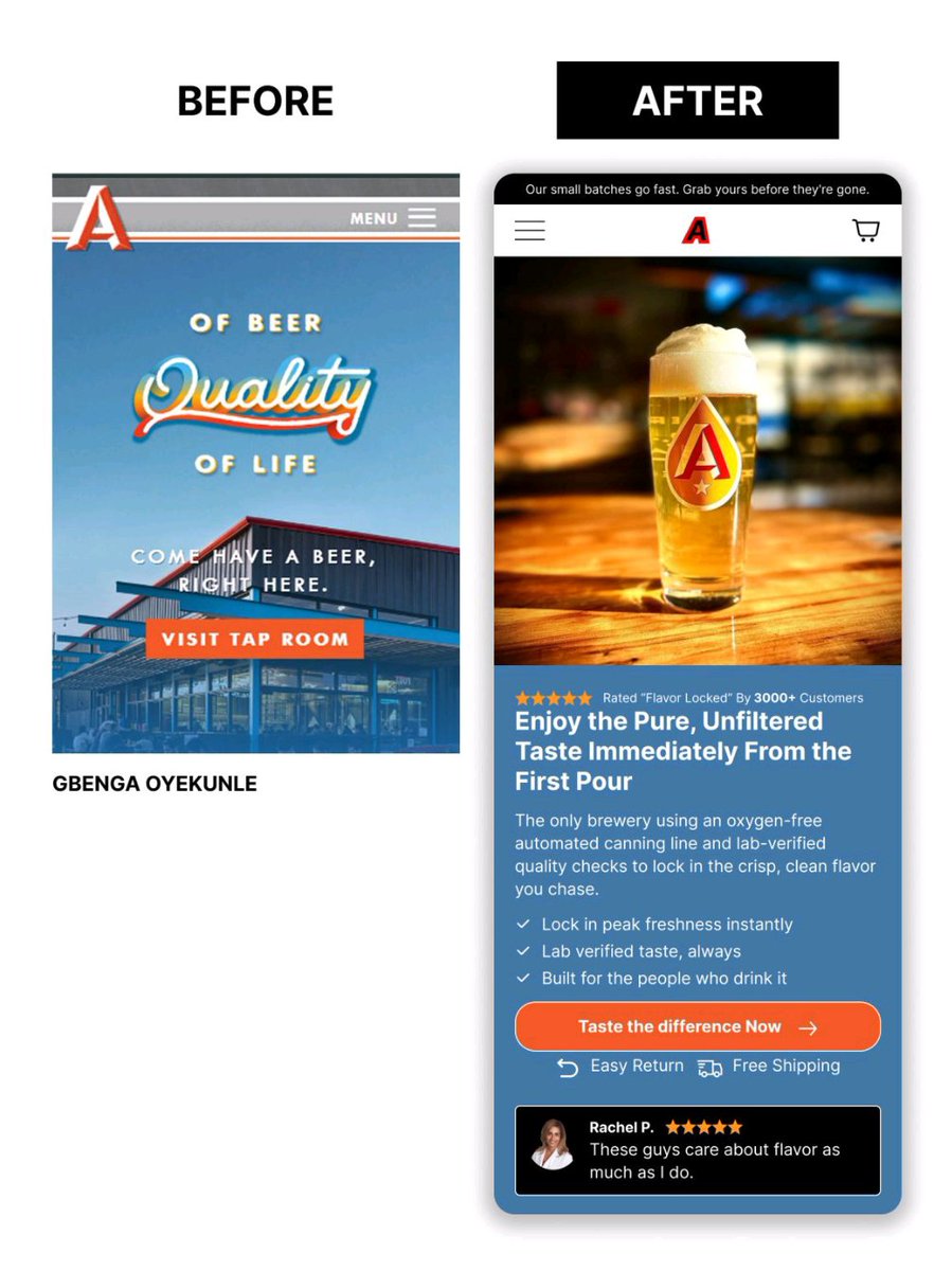 oyega001's tweet photo. BEFORE:
1. No credibility
2. Unclear product visual
3. No benefit stack
AFTER:
1. Credibility cues above the fold
2. Upgraded product visuals
3. Scannable benefit stack
#UIUX #ConversionRate #FigmaDesign #ProductDesign #Shopify https://t.co/eAmJHTDwws