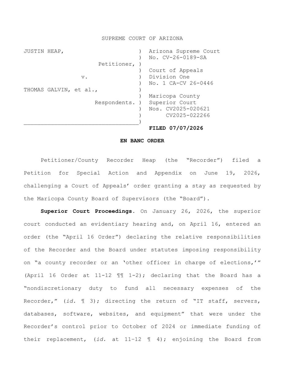 America1stLegal's tweet photo. 🚨VICTORY — For over a year, we’ve fought for AZ election integrity with Maricopa County Recorder Justin Heap.

Today, the AZ Supreme Court confirmed we were right all along — ruling the Board of Supervisors can’t take his authority and must give him the resources to do the job. https://t.co/D4REwh4lbg
