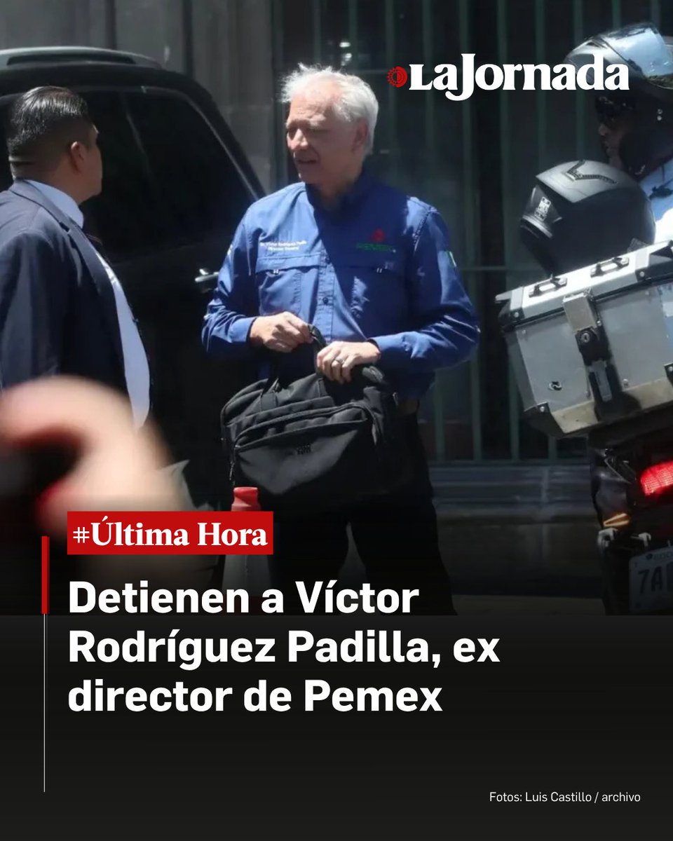 lajornadaonline's tweet photo. #ÚLTIMAHORA | Detienen a Víctor Rodríguez Padilla, ex director de Pemex

Elementos de la Policía de Investigación de la Fiscalía General de Justicia de la  Ciudad de México detuvieron en la Alcaldía Benito Juárez, al ex director de Pemex, Víctor Rodríguez Padilla, tras ser denunciado por su esposa María Felicia Jiménez Lavie, por violencia familiar.

El ex funcionario fue grabado cuando golpeaba a su esposa y ello generó diversas reacciones de condena ante las imágenes en las cuales golpea a su pareja, mientras sus hijos eran testigos de lo que vivían en su domicilio.

Más información: https://t.co/Ga9xAjNORu