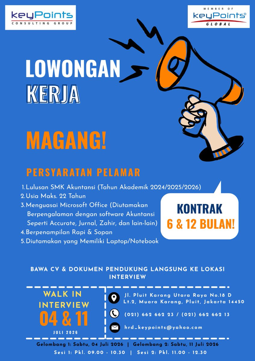 Ilhamaldi_01's tweet photo. @joon_fvy 📢 WALK-IN INTERVIEW: LOWONGAN KERJA MAGANG AKUNTANSI

📍 Lokasi Interview: Jl. Pluit Karang Utara Raya No.18 D Lt.2, Muara Karang, Pluit, Jakarta

Sabtu, 11 Juli 2026
(Sesi 1: 09.00 - 10.30 WIB / Sesi 2: 11.00 - 12.30 WIB)

*Daftar Pada G-Form : https://t.co/jNpANslA4K* https://t.co/T6rZ9jc6mc