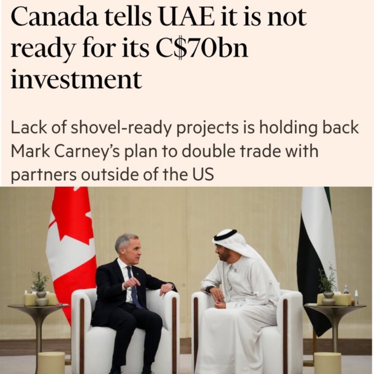 andrearthurciel's tweet photo. Mark Carney se rend aux Émirats arabes unis pour attirer des investissements au Canada, leur disant que nous construisons à des vitesses jamais vues depuis des générations!

Émirats: « Impressionnant! Nous sommes prêts à investir 70 milliards de dollars au Canada! »

Mark Carney: « Gardez votre argent, on n’est pas prêt! »

Elbows Up!

*