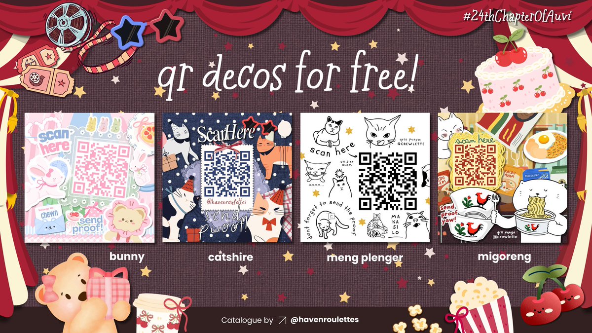 havenroulettes's tweet photo. —4 org beruntung bisa bawa pulang qr deco!😍🍀

Let's join the party: 
🔁 repost this tweet 
💬leave ur warm kind wishes di bawah⬇️
🍿use #24ChapterOfAuvi & mention ka Auviy—@aetherisse 🍒

yukkk ditunggu doa baiknya yaa!💕🎀🤏🏻ditunggu sampe nanti malam yya! thankyou bubups!

🤫...sshhh... ka Auviy juga ada frame gemes yg boleh kmu intip dan pakai dibawah yaaa!!😍😘