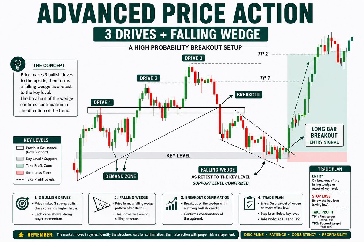 MarketPulze's tweet photo. Not every breakout is worth trading. The best ones tell a story.
This setup combines two powerful price action concepts:
✅ 3 Bullish Drives – showing strong buying pressure and trend continuation.
✅ Falling Wedge – a bullish continuation pattern that traps impatient sellers before the next expansion.
The edge isn't in recognizing the pattern alone—it's in waiting for confirmation.
Wait for the breakout. 
Enter after confirmation.
Place your stop loss below the structure.  
Target the next liquidity zone.