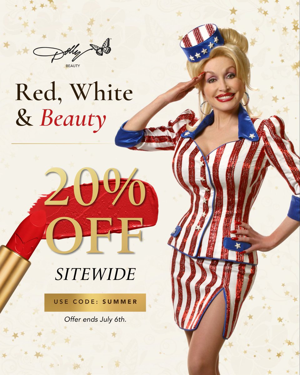 Roseadamchat's tweet photo. Stars, stripes &amp; a little sparkle ✨
The Dolly Beauty 4th of July Sale is here! Enjoy 20% OFF sitewide with code SUMMER through July 6, and stock up on your Dolly Beauty favorites! https://t.co/oliWSZMJbd https://t.co/NWyoo6U3XX