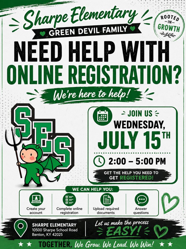 SESGreenDevils's tweet photo. 🌱💚 Sharpe Elementary Families – We're Here to Help! 💚🌱

Need assistance completing your child's Online Registration (OLR)? Our team is happy to help make the process quick and easy! Call us anytime, and we will set up  a time day or night to meet with you and help you. https://t.co/zom5s1bMqg