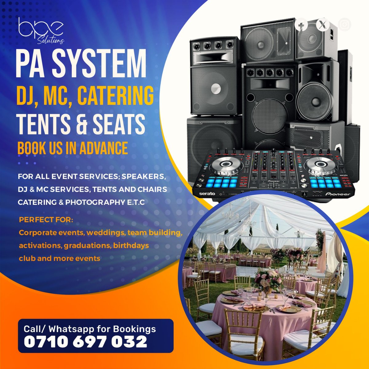 bpesolutionsltd's tweet photo. Planning an event? Don’t stress! We provide tents, chairs, PA systems and entertainment at unbeatable prices.
📞 Call/WhatsApp 👉 0710697032
#bpesolutionsenterprise #djmwass #eventsbydjmwass #events #pasystemhire #TentHire #ChairHire #EventDecor #OutdoorEvents https://t.co/9yN94tPhI2