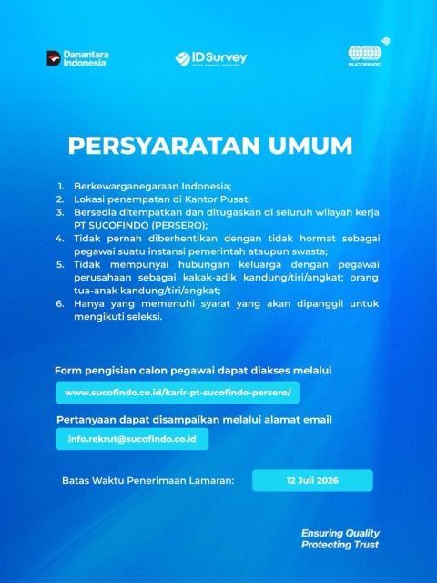 blissthethicsss's tweet photo. guysss sucofindo lagi oprec nihh buka 9 posisi
gaskeun buruan apply sebelum tgl 12 Juli 2026
*********************************************************
Build Your Future with Indonesia’s Leading Testing, Inspection, Certification, and Consultation Company

OPEN OPPORTUNITIES — 9 POSITIONS AVAILABLE

Selama hampir 70 tahun, PT SUCOFINDO (PERSERO) telah menjadi mitra terpercaya dalam memberikan layanan Testing, Inspection, Certification, and Consultation (TICC) bagi berbagai sektor industri di Indonesia dan dunia.

Kini, kami mengundang talenta terbaik untuk bergabung dan bertumbuh bersama kami dalam mewujudkan komitmen: Ensuring Quality, Protecting Trust.

Open Positions:
* Organization Development Specialist
* Project Control
* Technical Inspector
* Integrity & Risk Engineer
* Health, Safety, & Environment (HSE) Field Specialist
* Sales Engineer
* Contract Engineer
* Non-Destructive Evaluation Data Analyst
* Robotic Inspection Field Technician

Daftarkan diri Anda melalui:
https://t.co/ulkqfN5oXU

🗓️ Batas akhir pendaftaran: 12 Juli 2026

⚠️ WASPADA PENIPUAN ⚠️
PT SUCOFINDO (PERSERO) tidak memungut biaya dan tidak bekerja sama dengan pihak ketiga dalam proses rekrutmen, serta hanya menghubungi kandidat yang memenuhi persyaratan melalui kanal resmi perusahaan.