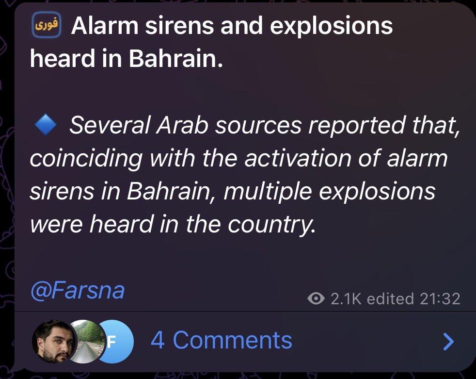 sentdefender's tweet photo. Early reports from Iranian state-backed news outlets are now saying that Uran has targeted Bahrain, specifically the U.S. Fifth Fleet Headquarters there, in retaliation for U.S. retaliatory strikes on key military infrastructure across Southern Iran. https://t.co/HlJ5fpUFhg
