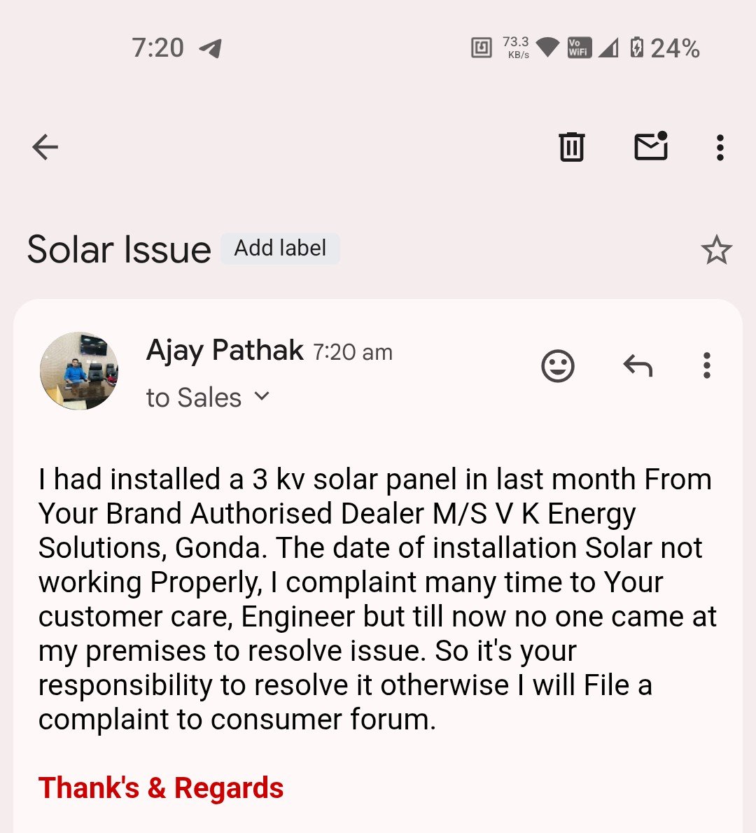 pathakajay51's tweet photo. @Invergylimited Resolve Installed Solar Problem and take a action against with this dealer. I think You and Your Dealer also your engineers are making fraud @jagograhakjago https://t.co/hXO84YKXUX