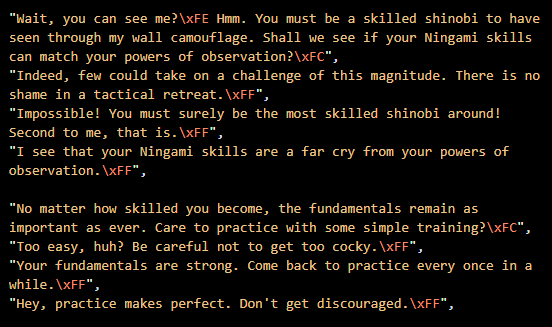 Bownly's tweet photo. Day 208. Wrote some endgame dialog today. Since it's spoilers, here's some early game text instead. My text parser reads ASCII strings and word wraps when needed, but also: \xFC means to show a yes/no prompt, \xFE adds a line break, and \xFF indicates the end of the string. #gbdk https://t.co/lQhla4IBhG