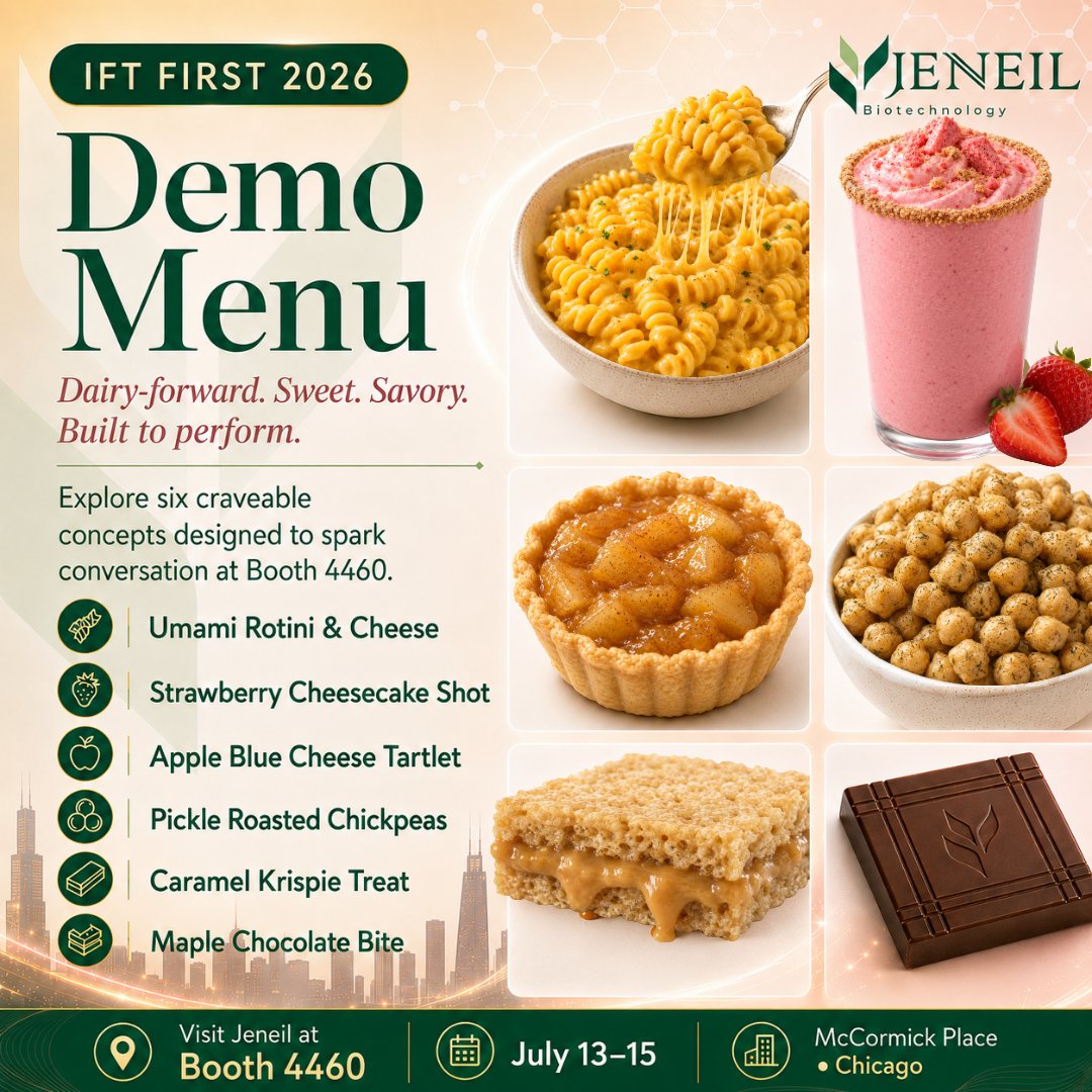 JeneilBiotech's tweet photo. The demo menu is ready.
Jeneil is bringing dairy-forward, sweet, savory, and application-focused concepts to IFT FIRST 2026.
Find us at Booth 4460 to talk flavor, applications, and innovation.
July 13–15 McCormick Place Chicago
#Jeneil #IFTFIRST2026 #FoodScience #FlavorInnovation https://t.co/xEpcg7Dzzv