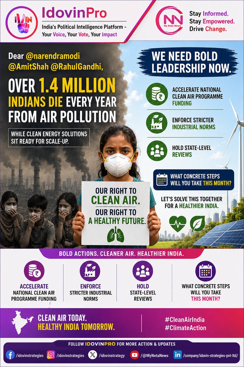 idovinstrategy's tweet photo. Dear @narendramodi @AmitShah @RahulGandhi Ji,

Over 1.4 million Indians die every year from air pollution while clean energy solutions sit ready for scale-up.

We need bold leadership now. Please accelerate National Clean Air Programme funding, enforce stricter industrial norms, and hold state-level reviews.

What concrete steps will you take this month?

Let’s solve this together for healthier India.

#CleanAirIndia #ClimateAction