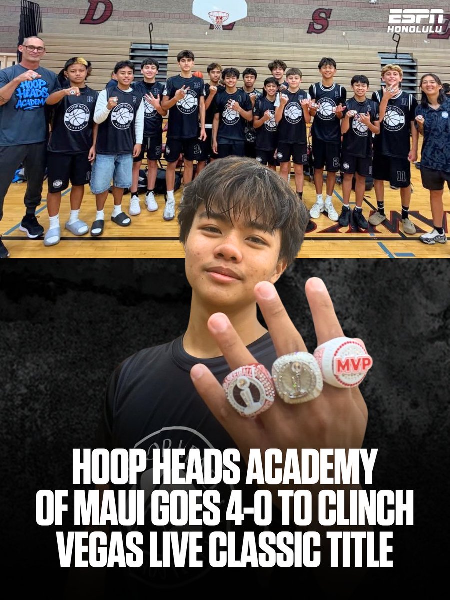 ESPNHonolulu's tweet photo. Hoops Head Academy of Maui completed a perfect 4-0 run to win the 14U Vegas Live Classic championship in Las Vegas. 🏆🏀

Leading the way was Tournament MVP Brayden Navarro, as Hoops Head Academy capped off an undefeated weekend with the title. https://t.co/JHrXWielDj