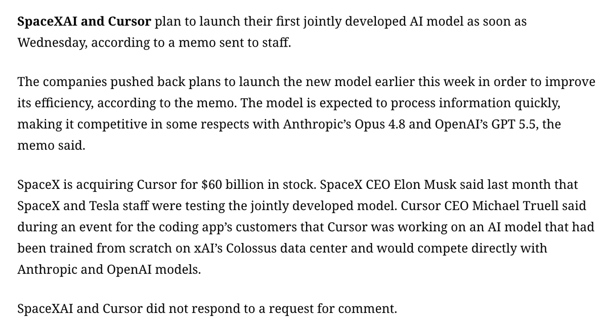 haishenling's tweet photo. SpaceX 和 Cursor 计划最早于周三发布它们首个联合开发的 AI 模型。 https://t.co/lP6l3B5gQ8