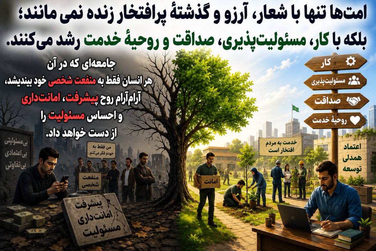 jangfakri63's tweet photo. امت‌ها تنها با شعار، آرزو و گذشتهٔ پرافتخار زنده نمی‌مانند؛ بلکه با کار، مسئولیت‌پذیری، صداقت و روحیهٔ خدمت رشد می‌کنند. جامعه‌ای که در آن هر انسان فقط به منفعتِ شخصی خود بیندیشد، آرام‌آرام روحِ پیشرفت، امانت‌داری و احساسِ مسئولیت را از دست خواهد داد. https://t.co/VBcKcJkW2z