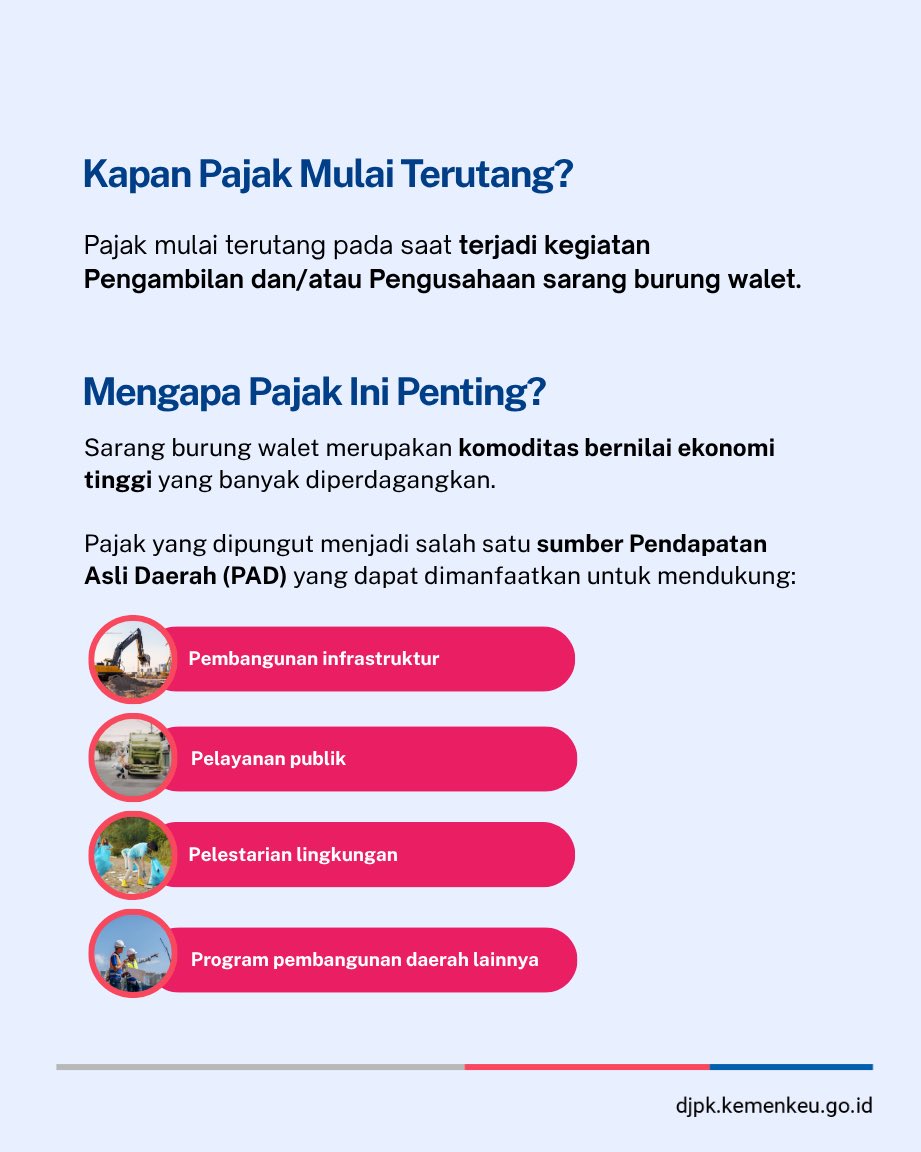 DitjenPK's tweet photo. Melalui Pajak Sarang Burung Walet, pemerintah kabupaten/kota memperoleh sumber pendanaan untuk membiayai pembangunan infrastruktur, meningkatkan pelayanan publik, serta mendukung berbagai program pembangunan daerah.

Yuk, simak lebih lengkapnya! https://t.co/wMeAXFaoGD