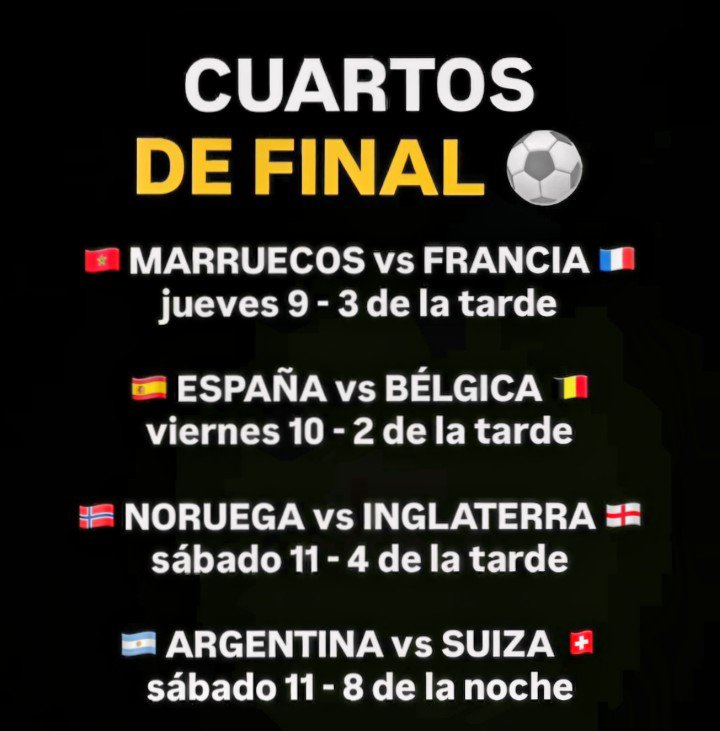 MENDOZAESPINALE's tweet photo. Aquí tienes un mensaje para publicar en X (Twitter):

> ¡Definidos los 8 mejores del Mundial! ⚽🔥 Los cuartos de final prometen fútbol de alto nivel, emoción y grandes batallas por un lugar en semifinales. ¿Quién levantará la Copa? 🏆🌍
¡Que ruede el balón! ⚽
#Mundial2026 https://t.co/uQHXAqpHsD