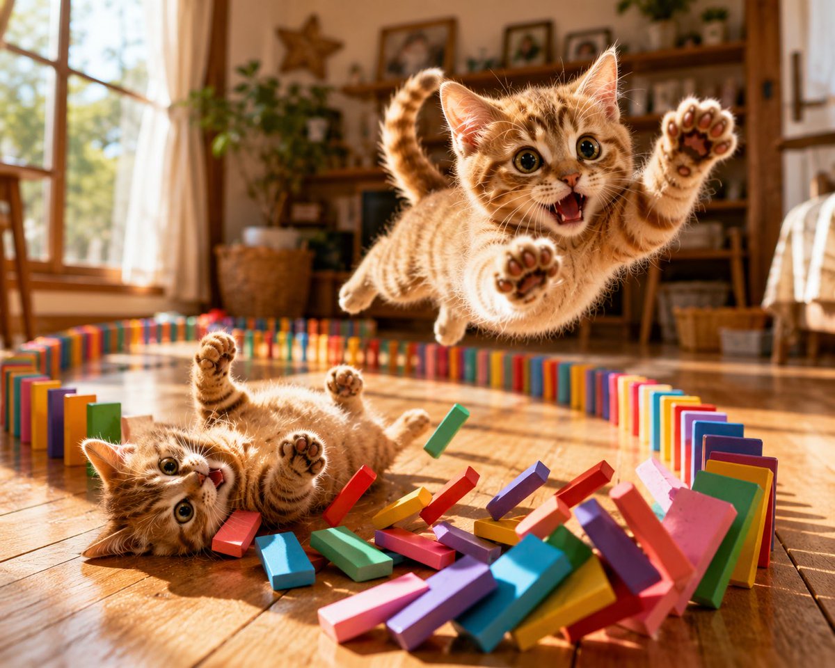 xwitter1ok's tweet photo. ドミノが倒れて止めようとダイブ！🐱
転んでも何度もやるよ

七転び八起きの日✖️猫 https://t.co/r0kTo7wz4a