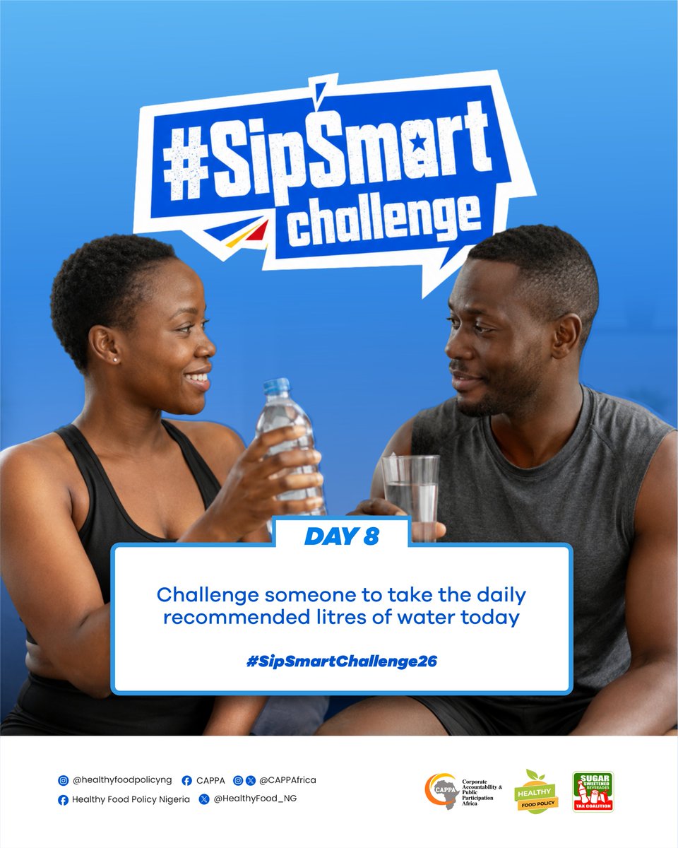 HealthyFood_NG's tweet photo. Day8️⃣

Do you know that it is recommended to take about 11.5 cups (2.7 liters) to 15.5 cups (3.7 liters) of total fluid in a day?

Hydration hits different when you do it with someone. #SipSmartChallenge26 #SSBTaxSaves https://t.co/uyNqG0o2X9
