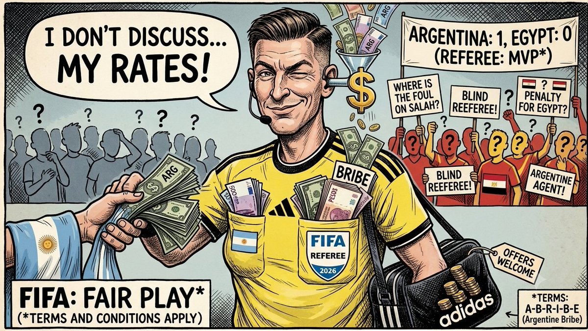 Beta3Design's tweet photo. A corrupt French referee bribed by FIFA to make Argentina and their spoiled son Messi win? The Egyptian team was robbed in broad daylight in front of the cameras Why even play football when World Cup scandals never stop? #FIFA #WorldCup #ESPN #BBCFootball #SkySports #Goal https://t.co/H4SRdTL0ak