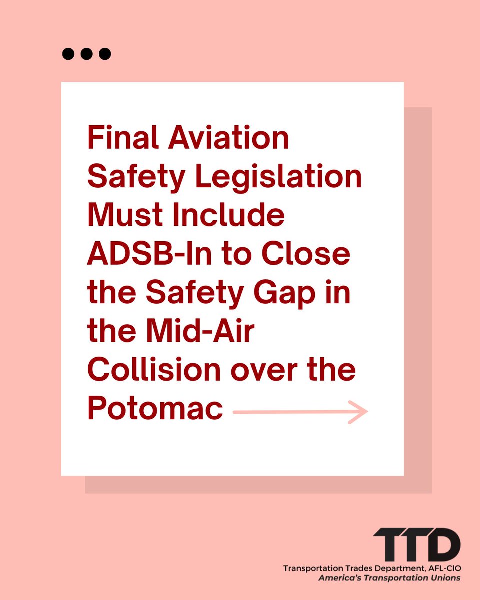 TTDAFLCIO's tweet photo. POLICY STATEMENT: Lawmakers must work together to pass an aviation safety bill of the highest standard, which includes integrated ADSB-In technology. 

Preventing future collisions and saving lives is a no-brainer. https://t.co/nLgQcMKYxm https://t.co/1yzTMkuAz5